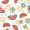 Watermelon and pineapple seamless pattern. Hand drawn vector illustration. Pen or marker doodle sketch. Line art fruits