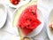 Watermelon on a plate, fruit dessert. Tasty, mouth-watering lunch. food photo, modern