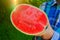 Watermelon pulp close-up.Watermelon in a cut in male hands in a summer garden in the rays of the sun.Fresh ripe red