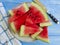 Watermelon ripe, nutritious healthy yummy towel freshness sweet summertime on a blue wooden background