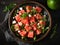 Watermelon salad with feta and arugula. Summer dish. Raw food concept. Top view of a fresh juicy summer salad with watermelon,