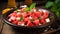 Watermelon salad with feta cheese and fresh mint in a bowl on wooden background