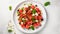 Watermelon salad with feta cheese and pine nuts, top view. Generative AI