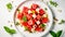 Watermelon salad with feta cheese and pine nuts, top view. Generative AI