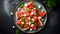 Watermelon salad with feta, red onion and mint. Summer dish. Healthy food concept. Top view of a fresh juicy summer salad with