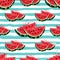 Watermelon seamless pattern, Hand-drawn juicy watermelon slices on an isolated striped background. Watercolor