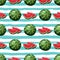 Watermelon seamless pattern, Hand-drawn Watermelons on an isolated striped background. Watercolor stylization, Vector