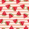Watermelon Seamless Pattern Vector illustration. Watermelon slices on pink and white striped background.