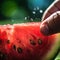 A watermelon slice being sliced with a knife. AI generative image.