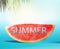 Watermelon slice with text Summer on blue background with palm leaves. Juicy refreshing summer food. Copy space. Summertime