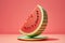 Watermelon sliced levitating on a pastel pink background, created with Generative AI technology