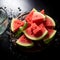 Watermelon slices in a plate On a black table next to a glass of water, water droplets, fresh