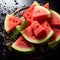 Watermelon slices in a plate On a black table, water droplets, fresh