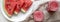 Watermelon smoothie in glass jars with fresh slices of water melon, overhead view. Flat lay, top view, from above