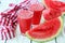 Watermelon smoothies on white wooden background