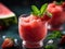 Watermelon strawberry sorbet with mint leaf on dark background, close up. Freshly blended iced strawberry and watermelon smoothie