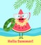 Watermelon summer poster. Poster design with vector watermelon character, funny background