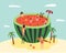 Watermelon swimming pool - cartoon people on tropical summer island