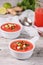 Watermelon tomato gazpacho in bowls