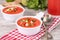 Watermelon tomato gazpacho in bowls