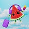 Watermelon traveler in earphones flying in the sky listening to music suitcase ice cream creative 3D character cartoon.