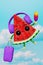 Watermelon traveler in earphones flying in the sky listening to music suitcase ice cream creative 3D character cartoon.