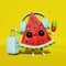 Watermelon traveler in earphones listens to music suitcase ice cream creative 3D character cartoon Summer travel banner.