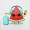 Watermelon traveler in earphones listens to music suitcase ice cream creative 3D character cartoon Summer travel banner.