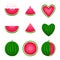 Watermelon. Vector icon set. Pieces, whole, round, in the shape of a heart