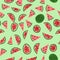 Watermelon vector pattern. Red and green background. Tropical food graphic. Full slice seed