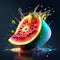 Watermelon and watermelon splashes isolated on black background. 3d illustration Generative AI