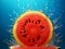 watermelon wedge between splashes of water , vibrant color background , summer, summer fruit , holiday mood, created with ai