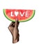 A watermelon with the word LOVE carved on it.