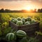Watermelons harvested in a wooden box in a field with sunset.