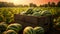 Watermelons harvested in a wooden box in a field with sunset.