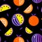 Watermelons Violet yellow Orange black background. Seamless pattern melon set wallpaper Vector. Good for t shirt print. Hand drawn