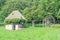 Watermill close up, green forest, wild vegetation, blue clouds