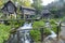 Watermill hut over cascading stream of Pliva Lake in Jajce Bosnia and Herzegovina.