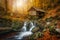 Watermill and Waterfall cascades in a autumn forest. Generative AI