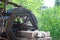 Watermill wooden water wheel mill, stone bricks wall, water flows from the wheel, on the background of green trees