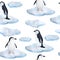 Waterocolor hand drawn seamless pattern with arctic pole penguins on ice. Antarctina marine sea ocean anmals migration