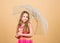 Waterproof accessory. Weather forecast. Rainy days coming. Love rainy days. Kid girl happy hold transparent umbrella