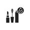 Waterproof cosmetic black glyph icon. Water repellent mascara and lipstick concept. Make up protection sign. Pictogram for web