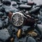 Waterproof luxury mens watch on the stone under the rain, commercial concept, bespoke water resistant design, generative ai