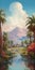 Waterside Oasis: A Vibrant Painting Of Palm Trees And Mountains