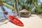 Watersport kayak boat under a palm tree on a tropical white sand