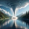 A waterspout descending on a serene lake, creating a mesmeriin