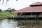 Watery parking lot - boat and restaurant floating Yarinacocha lake, Pucallpa,