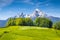 Watzmann mountain with green meadows in spring, Bavaria, Germany