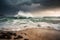 wave breaking on beach in stormy weather, with lightning in the distance